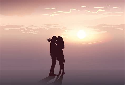 Silhouette Romantic Couple Embrace At Sunset Lovers Man And Woman Kiss Stock Illustration