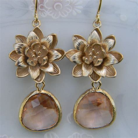Champagne Crystal Earrings Gold Lotus Blossoms Dangle