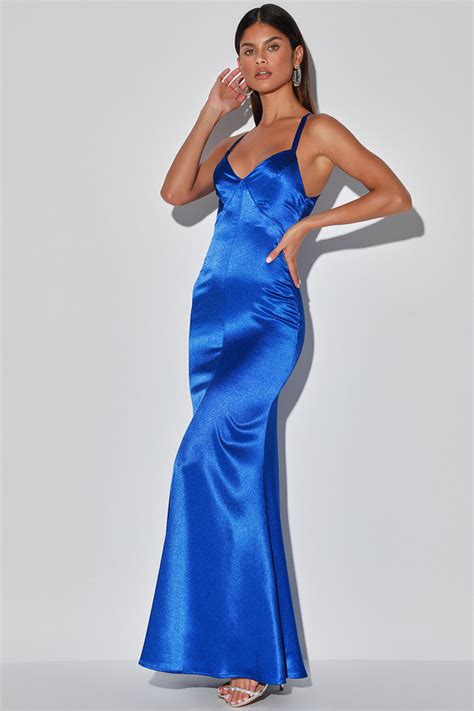 Pretty Cobalt Blue Maxi Dress Mermaid Maxi Dress Satin Dress Lulus