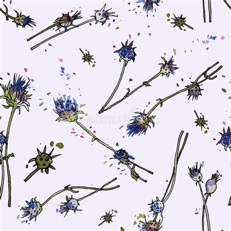 Seamless Pattern Of Milk Thistle Flowers In Watercolor And Ink Stock