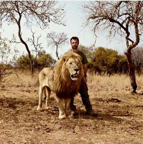A Man Standing Next To A Lion On Top Of A Dry Grass Field With Trees In