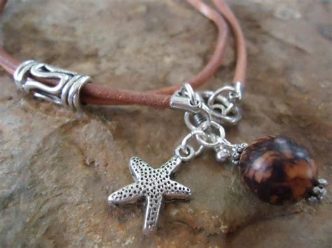 Starfish And Leather Leather Wrap Bracelet In Cinnamon With Palm