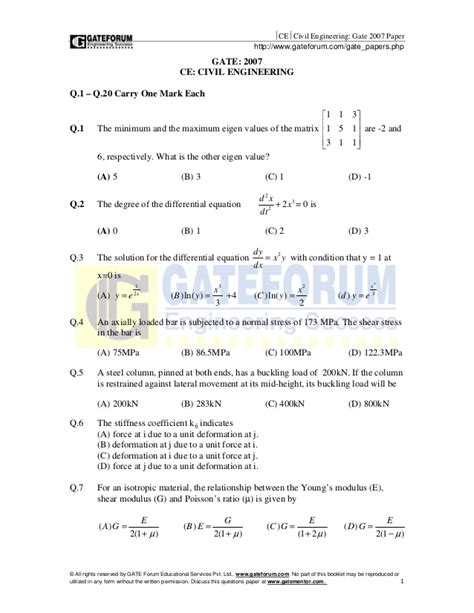 The following are examples of actual examination papers used in past years. (Www.entrance exam.net)-gate civil engineering sample paper 4