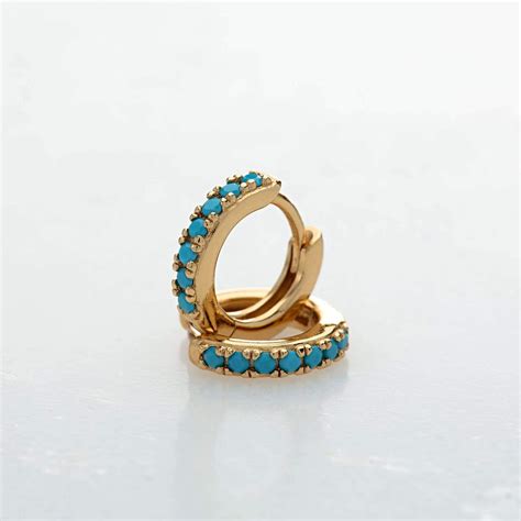 Huggie Hoop Earrings With Turquoise Stones Etsy