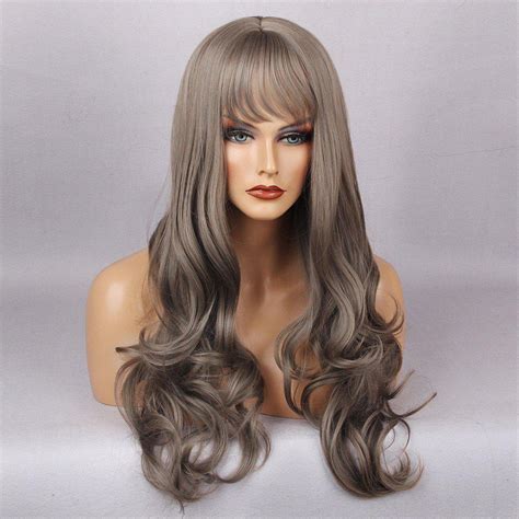 2018 Full Bang Layered Long Curly Synthetic Wig In Gray