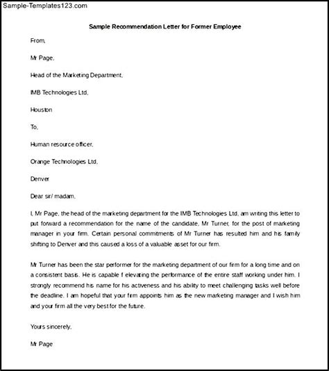 Recommendation Letter For Former Employee Template Example Sample