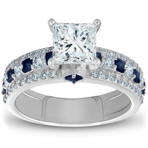 2 12ct Princess Cut And Blue Sapphire Diamond Engagement Ring 14k White Gold