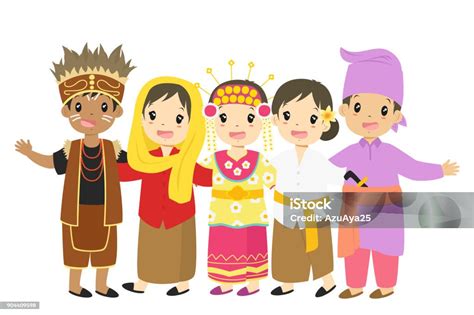 Happy Indonesian Children In Traditional Dress Cartoon Vector Stock