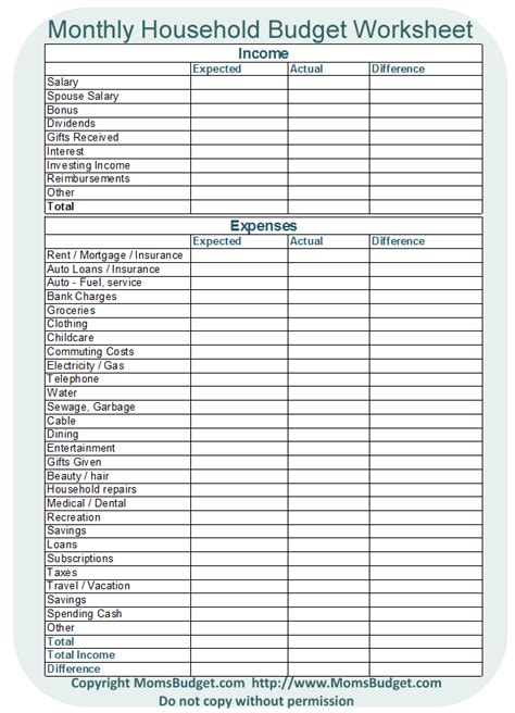 Monthly Household Budget Worksheet Free Printable