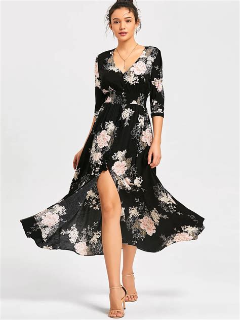 Zaful Boho Style Long Dress Women V Neck Beach Summer Dresses Floral Print Vintage Black