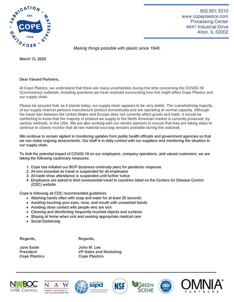 Thank you very much for meeting with me yesterday regarding our current social media marketing project. A Letter to Our Customers Regarding COVID-19 | Cope Plastics