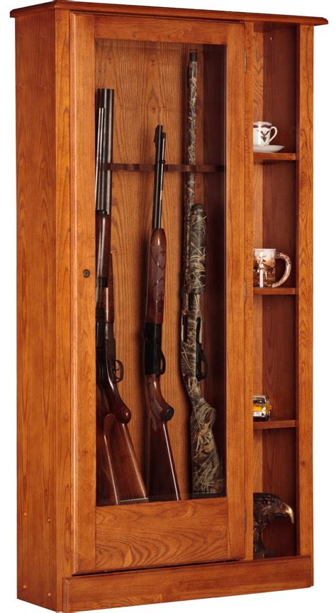10 Gun Cabinet With Curio Display In Golden Oak Solid Wood And Veneer