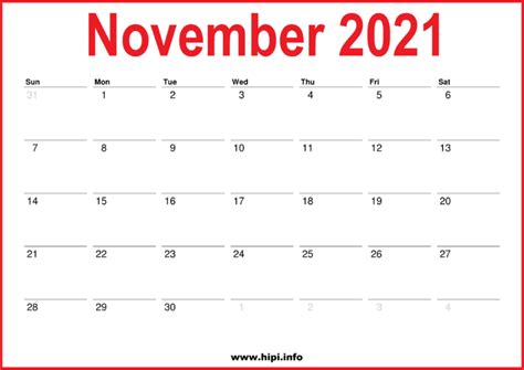 2021 November Calendar Printable Monthly Calendar