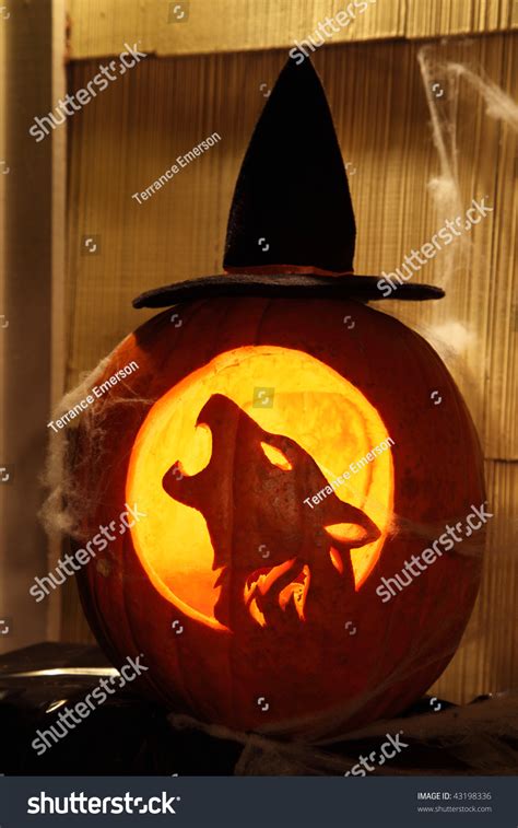 Halloween Pumpkin Carved Into Wolf Pattern Jack O Lantern With Witches