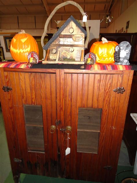 Primitive Beadboard Cabinet With Halloween Decorations On Top Lynchburg