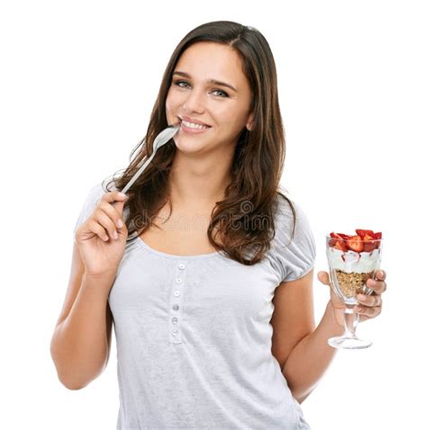 Woman Portrait And Eating Dessert Food In Studio With Strawberry Fruit