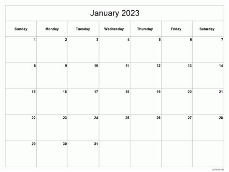 Printable January 2023 Calendar Classic Blank Sheet Cloud Hot Girl