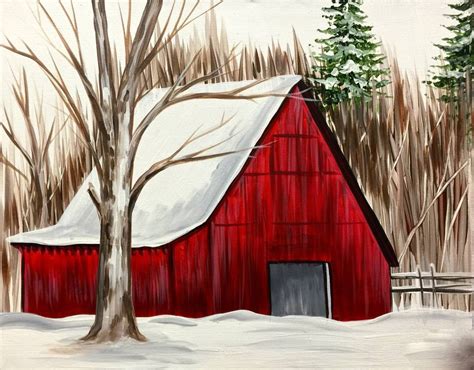 Winter Red Barn Holiday Painting Winter Painting Night Painting