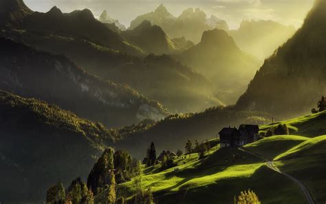 Mountains Hills Sun Rays Nature Landscape Photography House