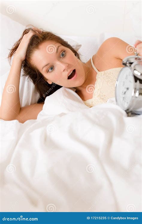 Bedroom Surprise Woman With Alarm Clock Wake Up Stock Image Image Of Bedtime Portrait 17215235
