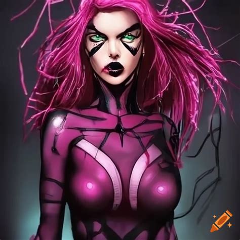 pink widow spider woman with black hair and green eyes