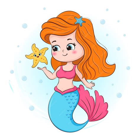 Premium Vector Cute Little Mermaid And Starfish Illustration