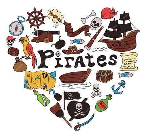 Vector Doodle Corazón Pirata Un Mapa Con Un Boceto Dibujado A Mano De Un Barco Sirena Y Una