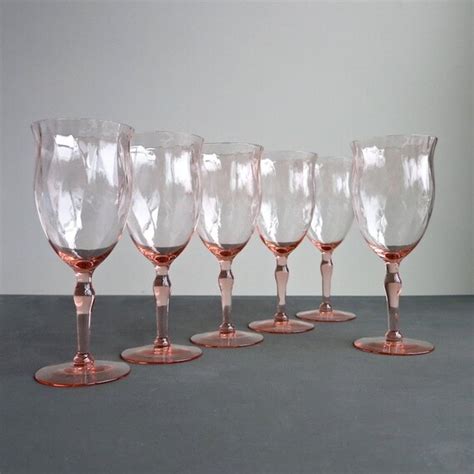 Set Of Six Pink Depression Glass Goblets Optic Glass Rose
