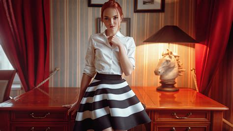 Wallpaper Model Redhead Long Hair Looking At Viewer Skirt White