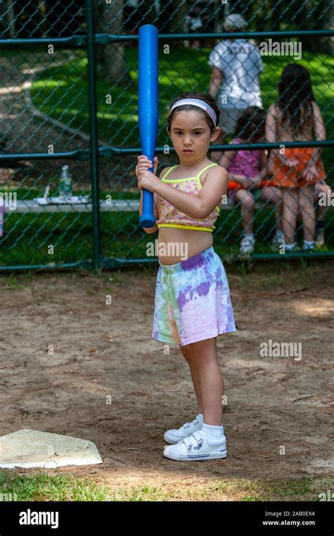 Girls Playing Wiffle Ball At Day Camp Stock Photo Alamy