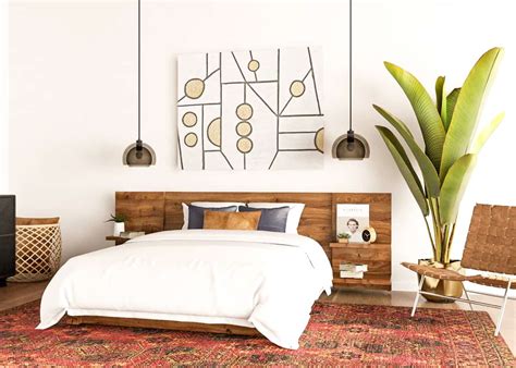 Dark wood floor paired with light shades of wall paint, make the room appear bigger. Ethereal Mid-Century Modern Bedroom Ideas