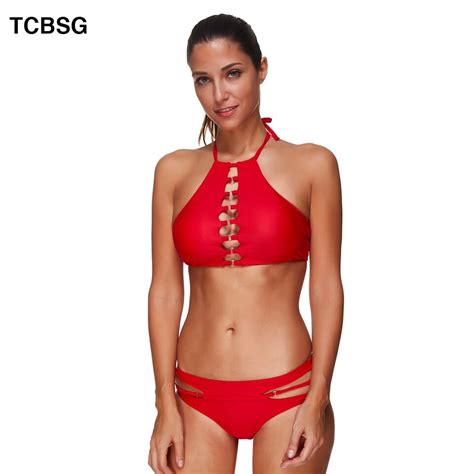 Tcbsg 2018 Sexy High Neck Halter Cut Out Bikinis Women Swimsuit Bandage