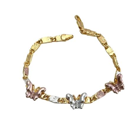 Butterflies Mariner Link Chain Tri Color 18k Of Gold Plated Bracelet