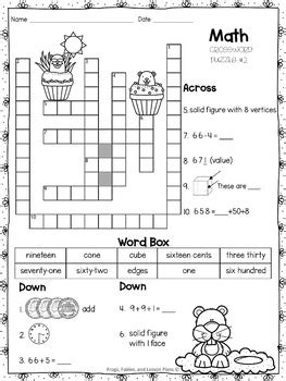 Math for week of april 5. 2nd Grade Math Crossword Puzzles - February by Frogs Fairies and Lesson Plans
