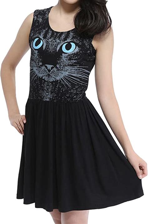 Ellazhu Women Black Cat Printing Sleeveless Long Top Dress Shirt