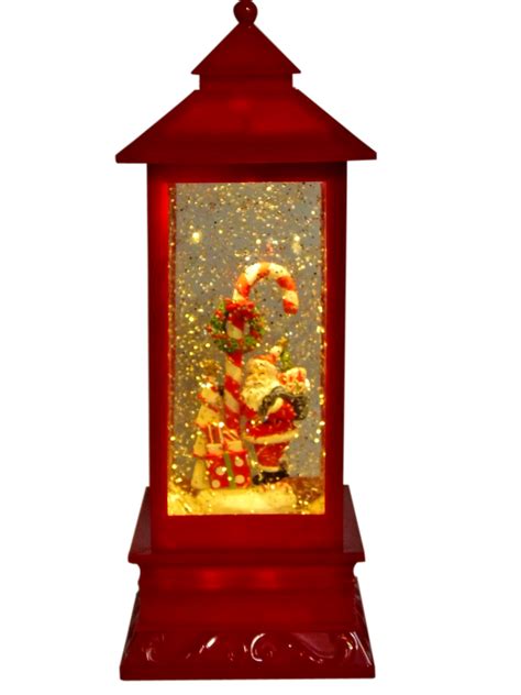 31cm Red Christmas Lantern With Santa Lights And Swirling Glitter