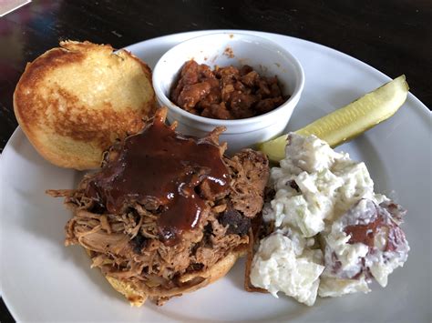 [homemade] pulled pork sandwich with baked beans and potato salad r food