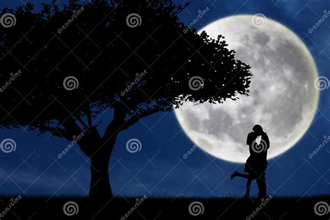 Couple Kissing By A Tree On Blue Full Moon Silhouette Stock