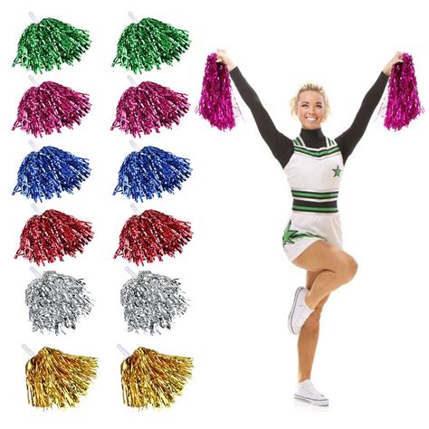 Buy Rmenoor 12 Pack Cheerleading Pom Poms Fluffy Pom Poms Cheer Metallic Strips With Plastic