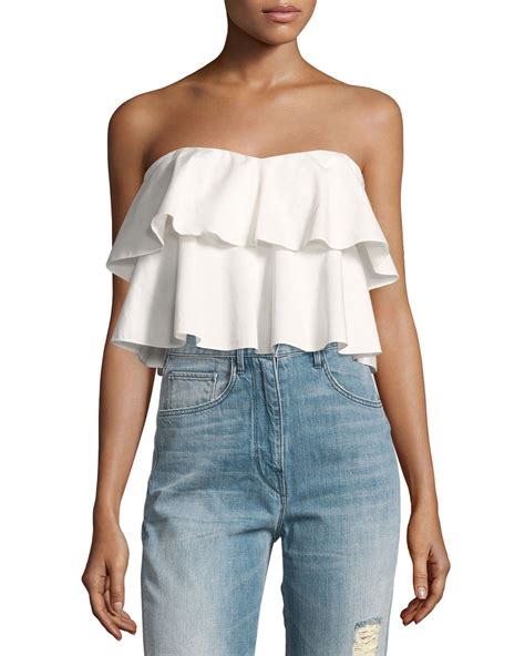 Rebecca Taylor Strapless Tiered Ruffle Crop Top White Neiman Marcus