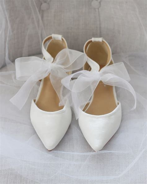 Ivory Satin Pointy Toe Flats With Chiffon Ribbon Tie Bride Shoes