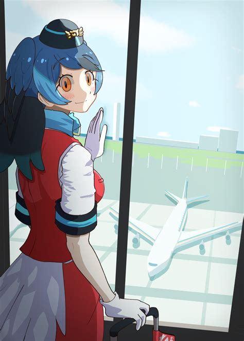 Safebooru 1girl Absurdres Aircraft Airplane Airport Bird Girl Bird Wings Black Hair Blue Hair