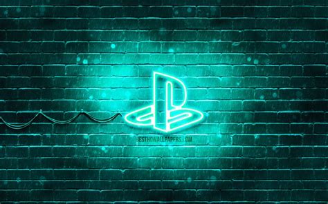 Download Wallpapers Playstation Turquoise Logo 4k Turquoise Brickwall