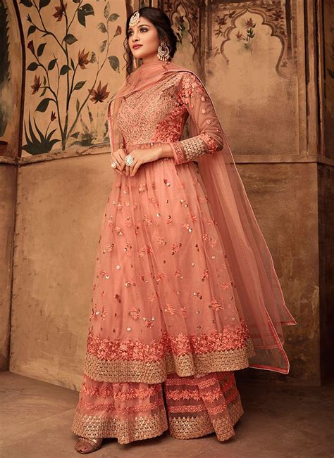 Peach Frock Style Sharara Suit Salwar Kameez Designer Collection