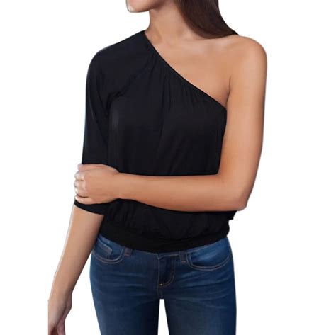 fashion women cotton sexy oblique collar one shoulder shirt casual blouse short sleeve shirts