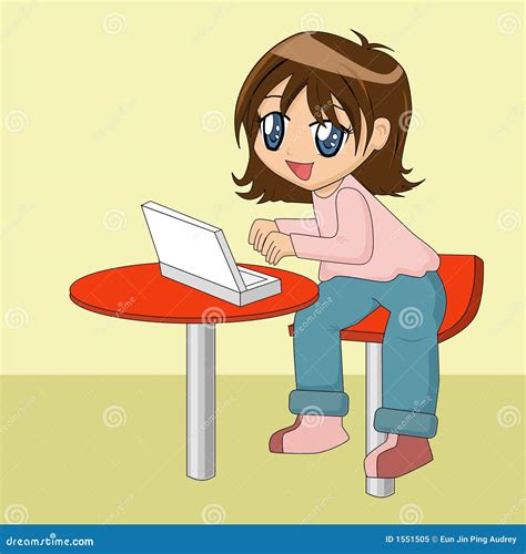 Little Cartoon Girl Using Computer Stock Vector Illustration Of 676