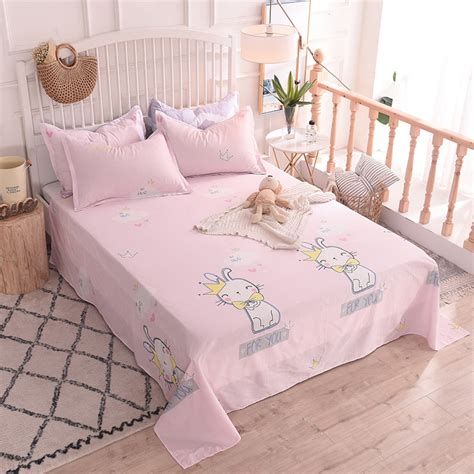 Pink Cartoon Bunny Pattern 3 Piece Cotton Soft Flat Sheet Bed Sheet Bed Cover 4 Size Double