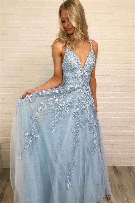 Sky Blue Lace Appliques Straps Long V Neck Prom Dresses Okh45 Okdresses