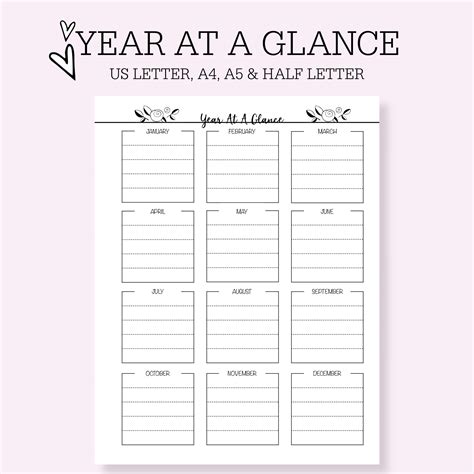 Year At A Glance Planner Printable Etsy