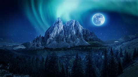 Wallpaper Northern Lights Aurora Borealis Mountain Moon